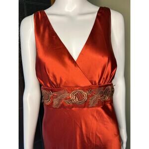 Vintage Y2K Silk Slip Dress Rust Newport News Midi V-Neck Lace Floral Sz 6
